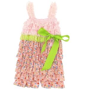 Tutu & Lulu Girls Ruffle Romper Floral Lace Pink Lime Green Bow Size 2-3T